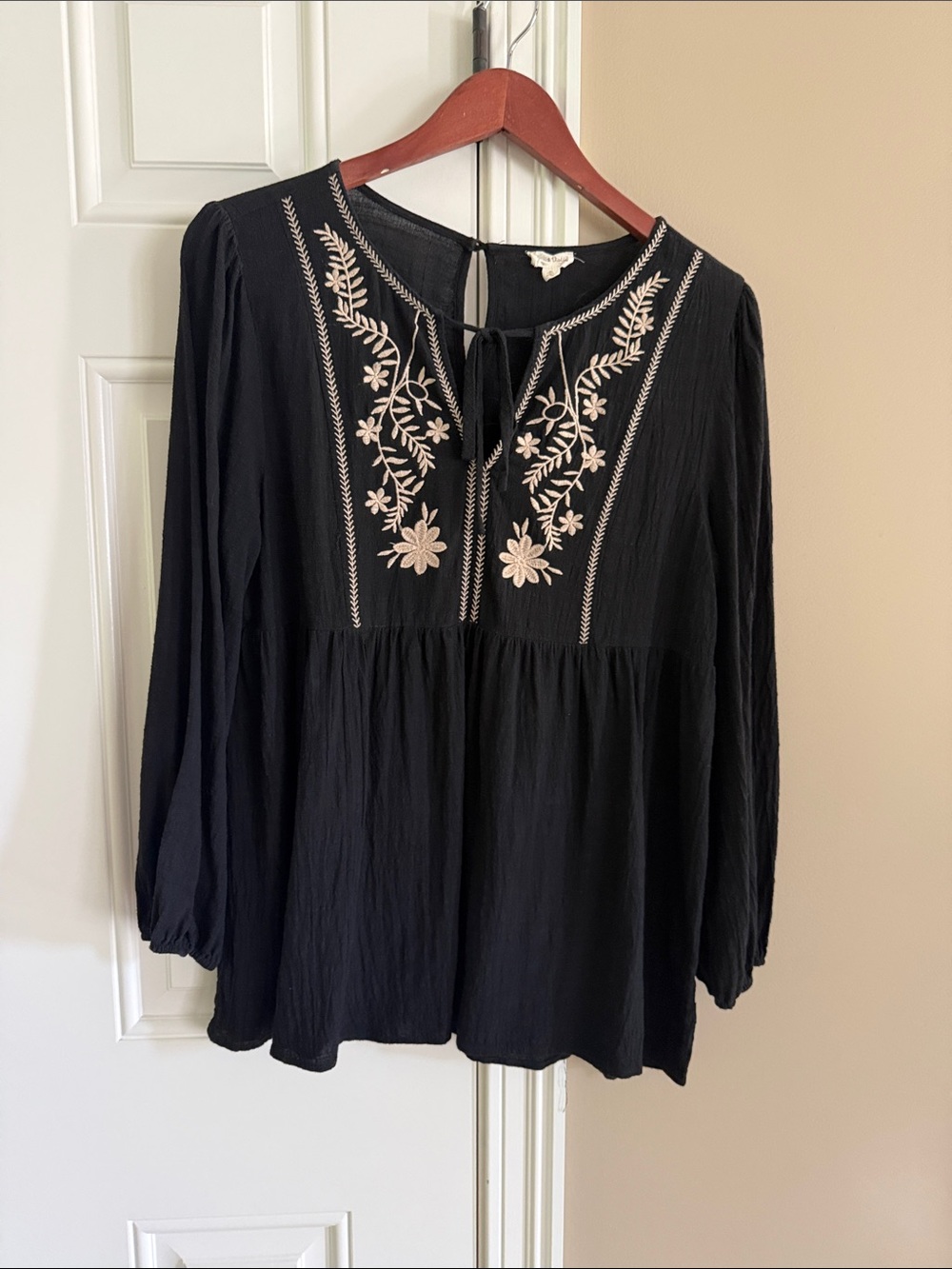 Hem & Thread Black Tunic with Cream Floral Embroidery
